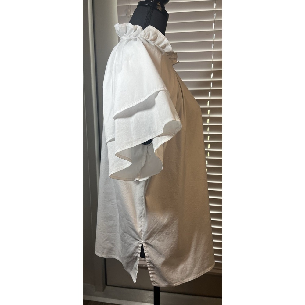 Ming Wang White Poplin Blouse Ruffle Neck Flutter Sleeve Minimalist Top Womens L - Picture 12 of 12